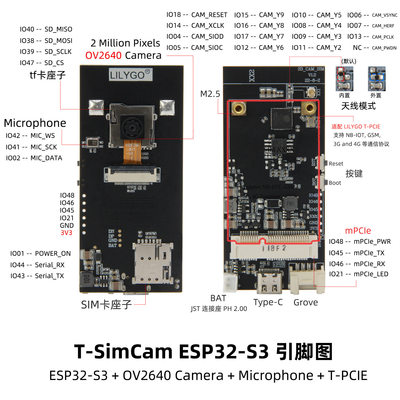 LILYGOT-SIMCAM ESP32-S3 CAM开发板 WiFi蓝牙5.0无线模块 OV2640