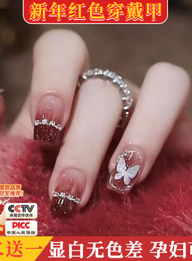 过年美甲红色系穿戴甲醒狮2026新年款秋冬显白中长款指甲贴片国风
