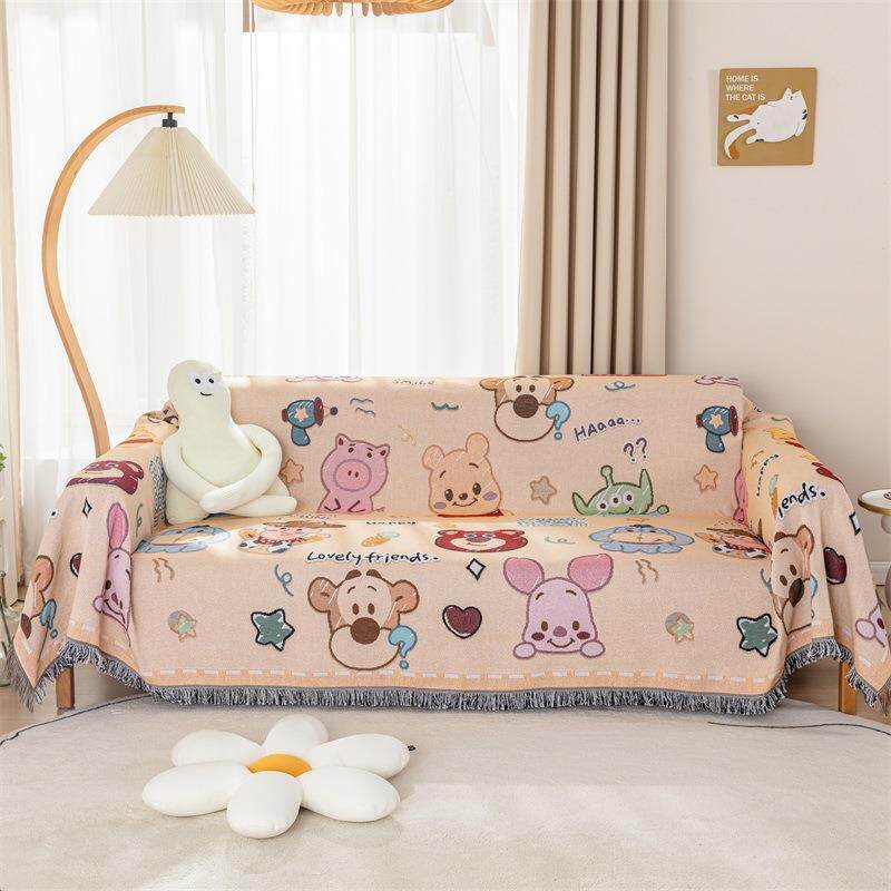 卡通可爱双面沙发巾维尼棉线毯子全盖布野餐垫沙发套罩四季通用布