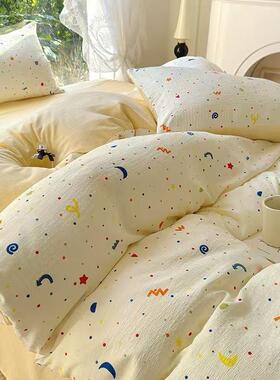 超柔提花有氧彩竺棉双层纱床上用品四件套水洗棉麻床笠三件套