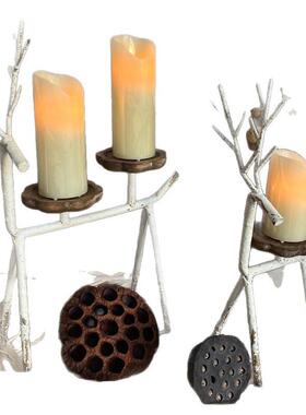 欧式法式复古做旧铁艺麋鹿烛台桌面摆件家居玄关卧室橱窗装饰展示