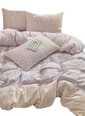 春夏ins少女心紫色碎花蕾丝花边水洗云朵棉1.5m床单笠被套四件套