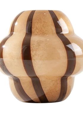 复古中古风拼色条纹大圆肚玻璃花器手工艺术装饰花瓶插花摆件ins