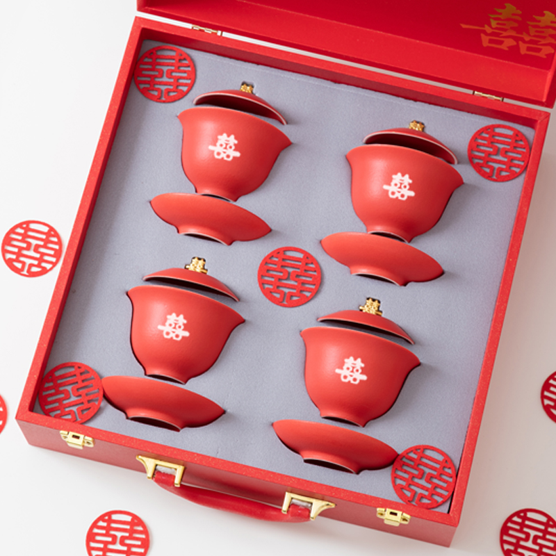 速发敬品杯结婚敬酒杯茶具套装红碗改口盖色喜碗婚礼陪嫁用茶