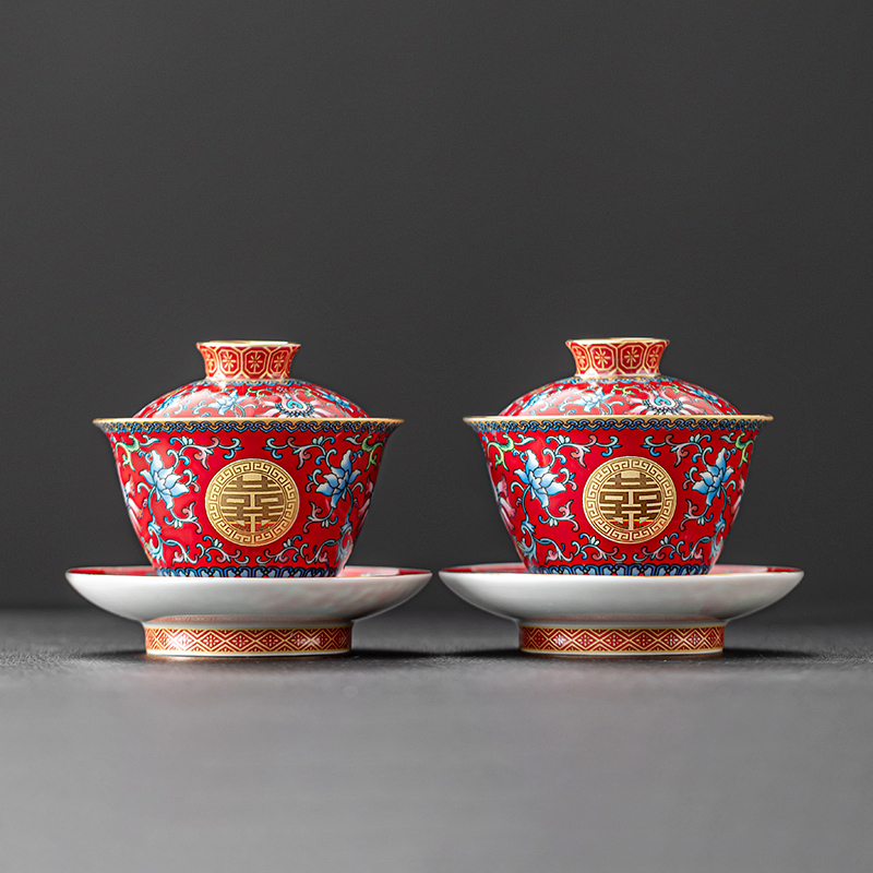 速发中式彩高端结茶改口敬婚对一杯婚礼红色高档喜杯套装