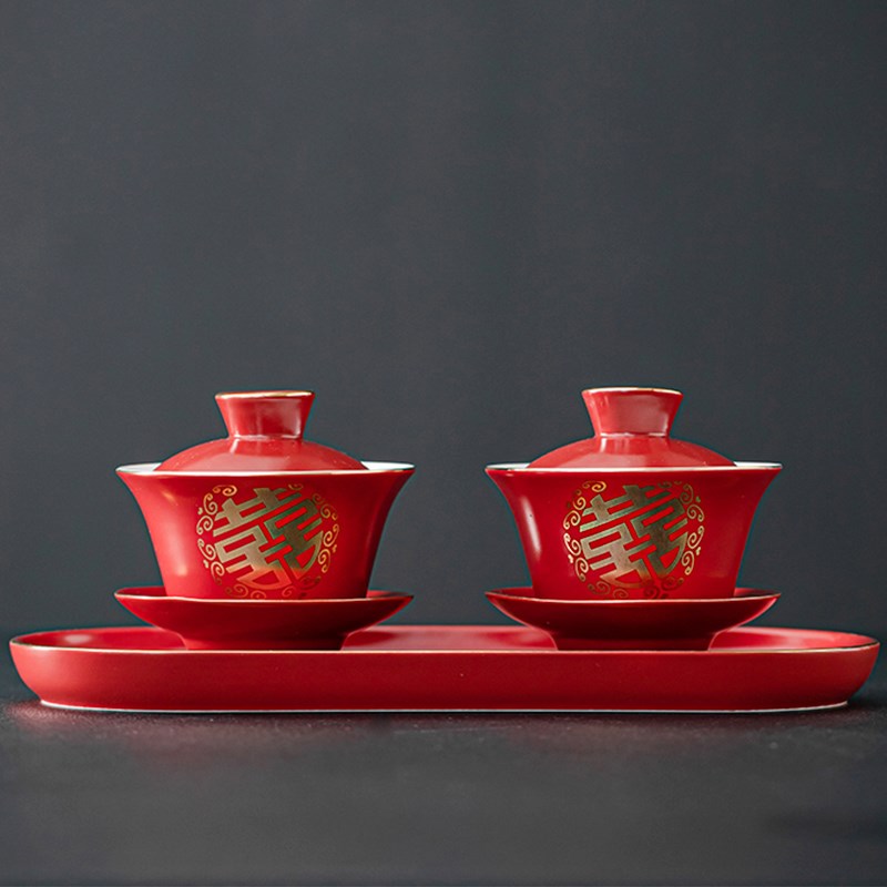 速发改口描茶高结婚敬茶套装一对喜茶杯婚礼红色茶具盖碗杯档