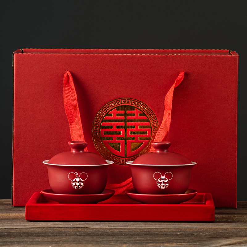 速发改口敬茶杯结婚结婚碗筷杯装喜碗两对敬敬套结婚碗四个酒