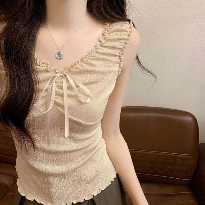 速发甜美蝴蝶结木耳边吊带欲024春夏少感减龄褶皱短衣上款纯2背心