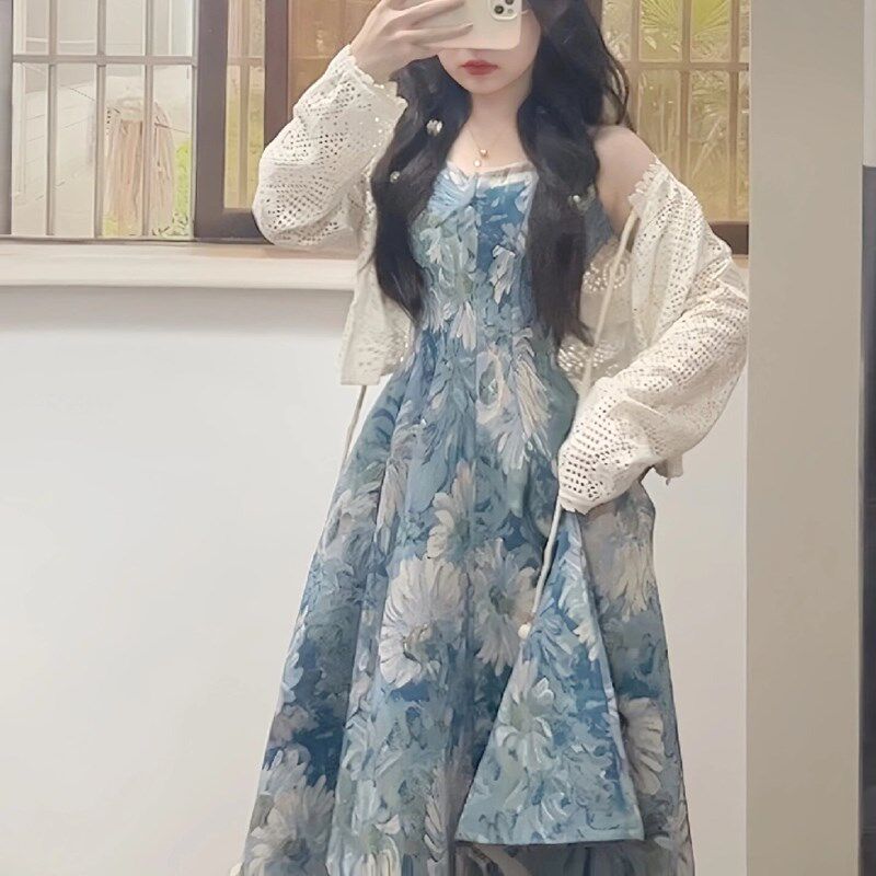 速发大码复古蓝色油画裙花吊带连衣裙开衫春夏长气质a字季碎子