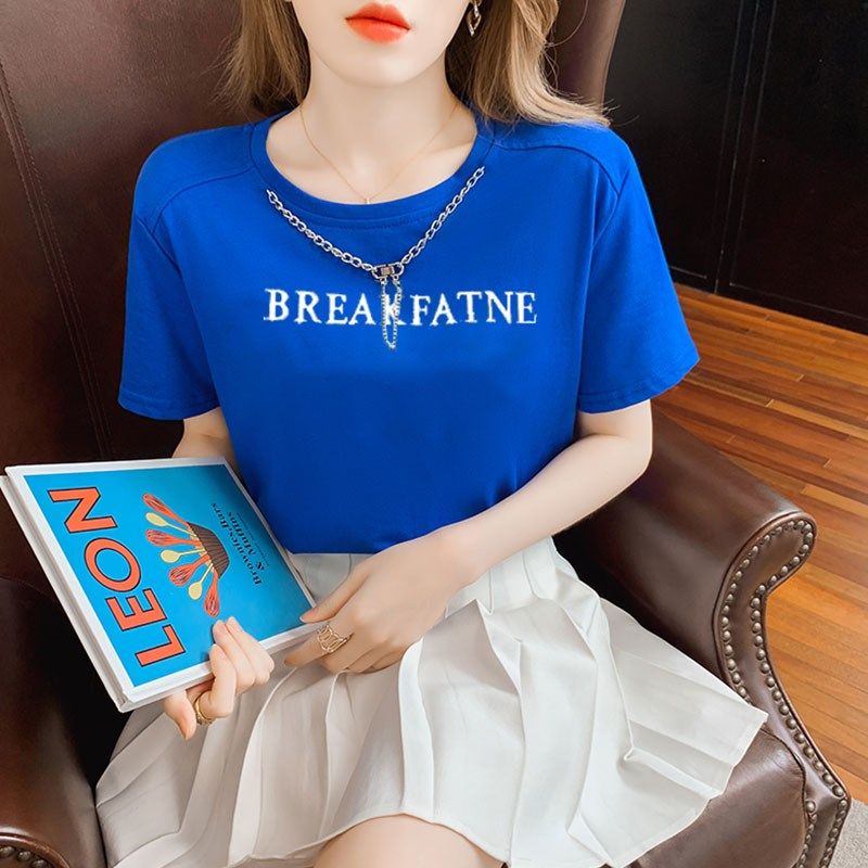 速发恤202因夏装新款季字母链条韩系宽松克莱5蓝上衣