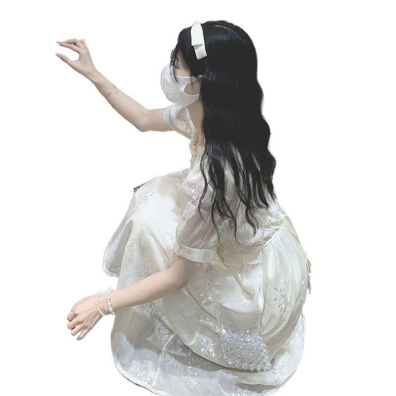 现货速发新中式国风杏色刺绣连衣裙夏小个子泡泡袖气质甜美仙初恋