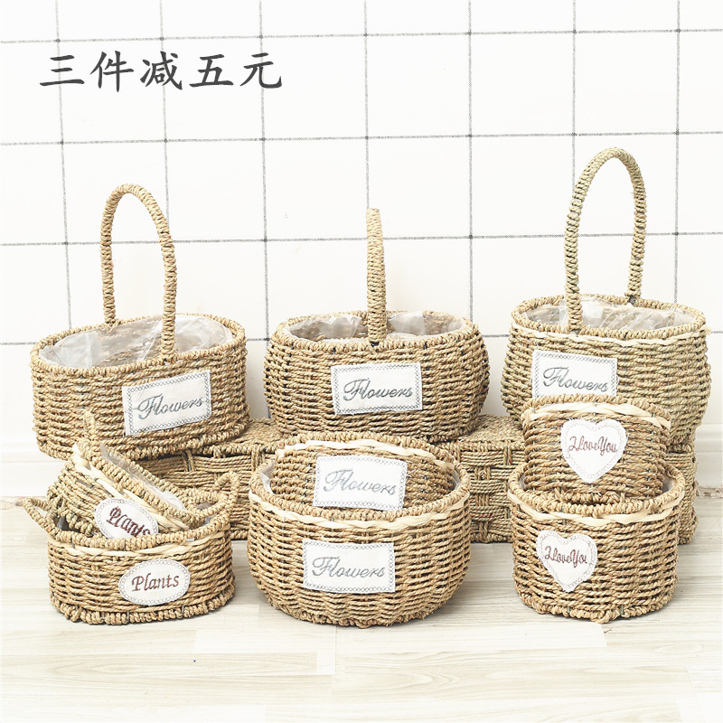 现货速发草编花盆藤编柳编花篮田园手工编织插花篮子绿萝多肉壁挂
