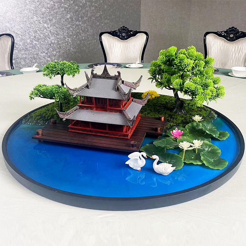 速发新中式大圆桌转盘间中摆件餐桌装绿花艺摆花创意景观饰植造景
