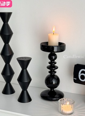 速发风法式玻璃烛台色式极简黑色装饰摆实银意件木高级感小众