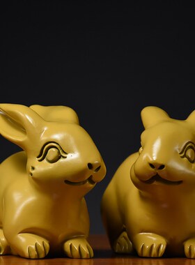 速发实木黄色兔子摆件木质生肖垂耳兔艺木雕刻青兔福兔头制车载工