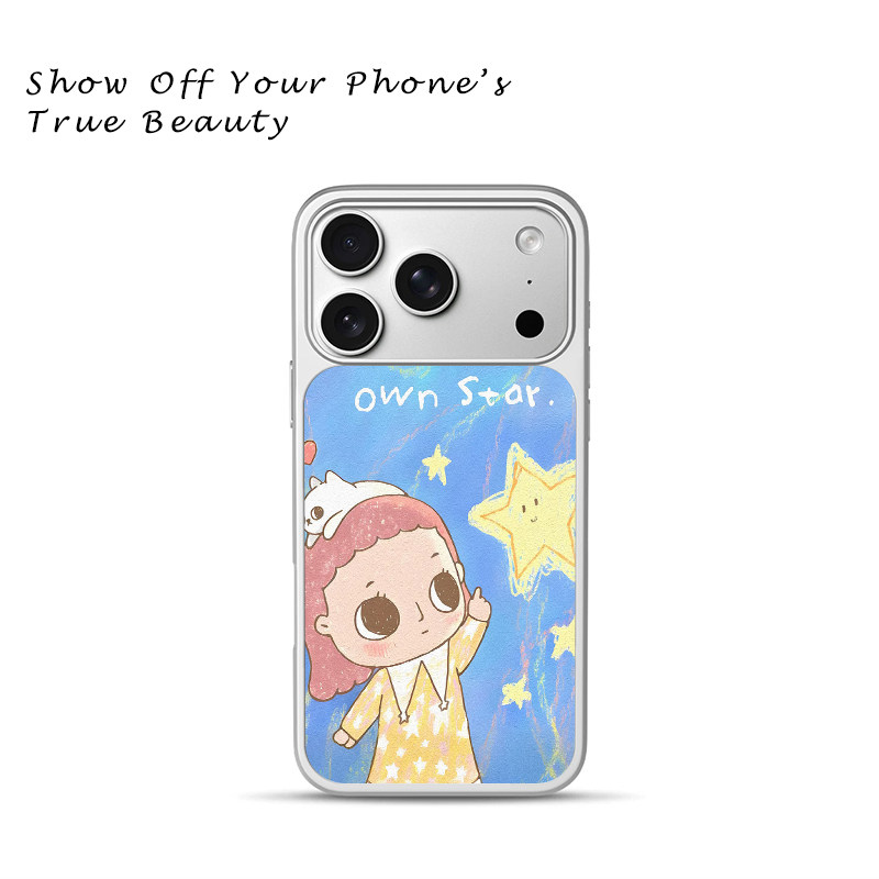 手绘蜡笔星星女孩手机壳可爱小猫卡通苹果18promax新款手机壳iPhone air/17pro/15plus14玻璃13pro手机套冰感