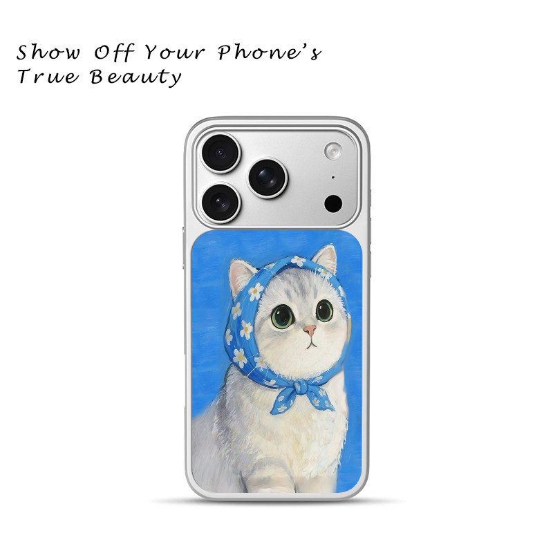 文艺油画感蓝头巾猫咪手机壳适用于苹果17promax新款手机壳iPhone air/16pro/15plus14玻璃13pro手机套冰感
