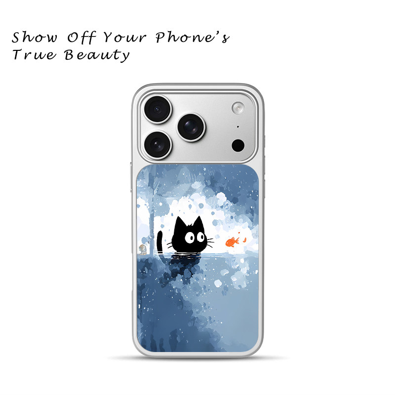 水彩风水中小黑猫看金鱼手机壳适用于苹果17promax新款手机壳iPhone air/16pro/15plus14玻璃13pro手机套冰感