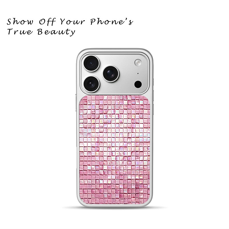 温柔粉调幻彩方格亮片手机壳 轻奢苹果18promax新款手机壳iPhone air/17pro/15plus14玻璃13pro手机套冰感