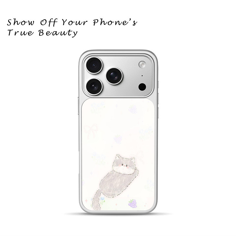 软萌手绘小灰猫手机壳淡彩葡萄适用于苹果17promax新款手机壳iPhone air/16pro/15plus14玻璃13pro手机套冰感