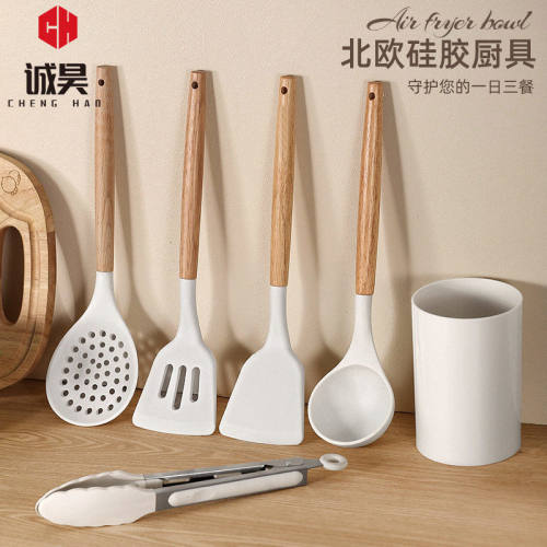 白色硅胶木柄厨具套装食品级耐温隔热锅铲铲子汤勺防滑食物夹