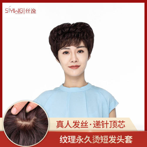 递针顶芯短发全头套中老年妈妈款女发套立体纹理 真人发丝全头套