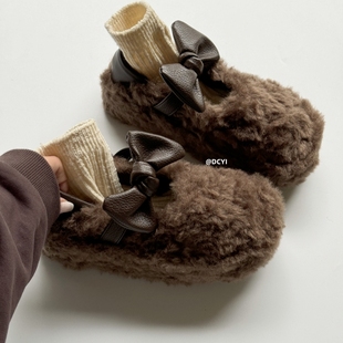 DCYI秋冬加绒保暖棕色毛毛鞋 女 可爱蝴蝶结一脚蹬厚底增高黑色棉鞋