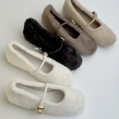 女秋冬外穿法式 芭蕾舞鞋 玛丽珍棉鞋 DCYI白色内增高加绒毛毛鞋 单鞋