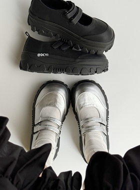 DCYI银色厚底玛丽珍小皮鞋女小个子增高魔术贴休闲乐福鞋黑色单鞋