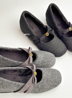 DCYI内增高加绒灰色毛呢单鞋女秋冬厚底法式玛丽珍毛毛鞋黑色棉鞋