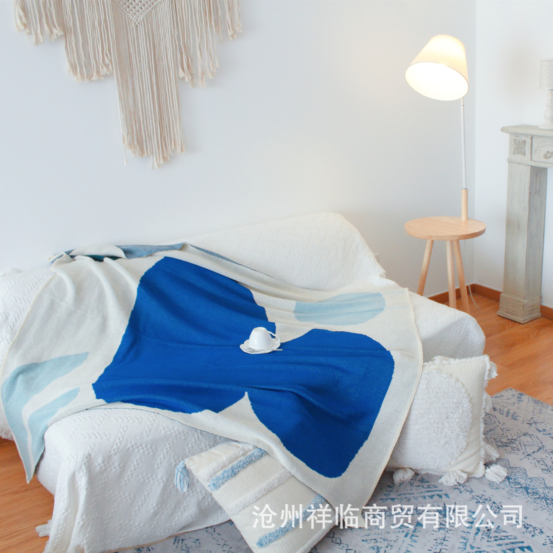 北欧蓝色针织午睡毯毛毯针织