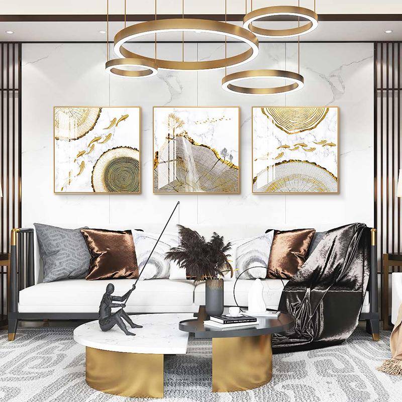 现代轻奢九鱼餐厅形正饭厅装饰画方简轻奢九鱼约客图厅沙发背景挂