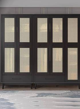 实木抽藤型编衣柜27883中古三门带屉橱小户卧室组装日式民宿黑色