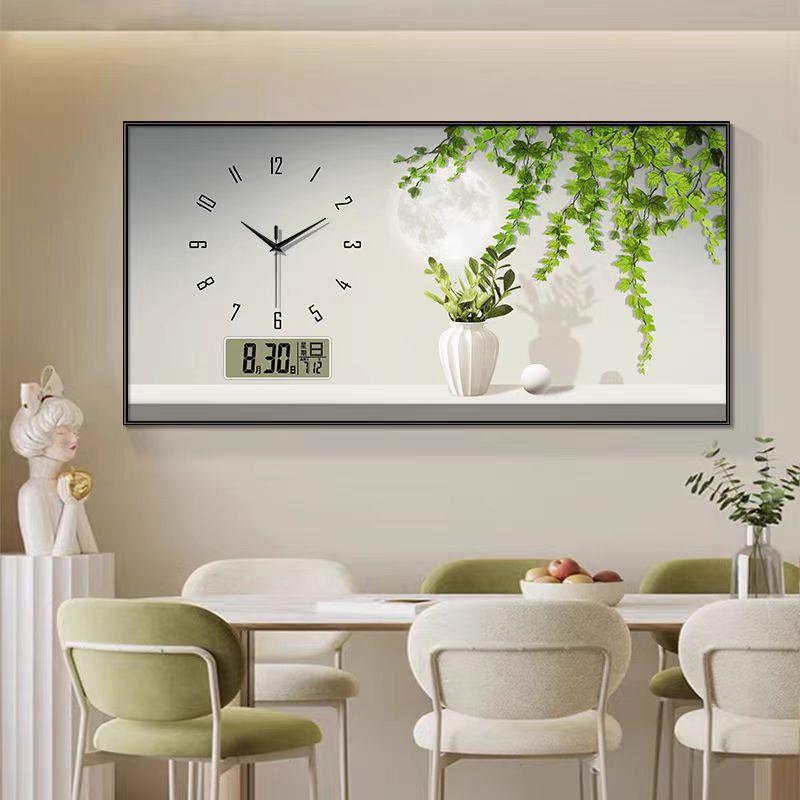 钟表挂钟餐厅装饰画小清晰绿植客厅家用新款奶油风万年历时钟挂画