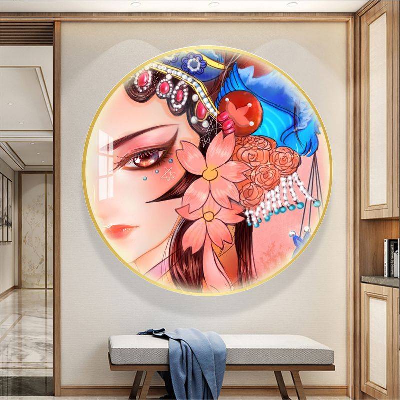 国潮人物挂画中国风餐厅墙画京剧花旦玄关壁画圆形LED灯光装饰画图片