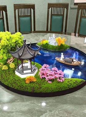 酒摆店大圆桌中间设32223摆件圆形餐装饰转盘桌花新桌中式创意微