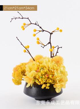新中式架黄色饰品盆景软前台博古墙柜售楼处洽谈装桌餐厅花艺CD05