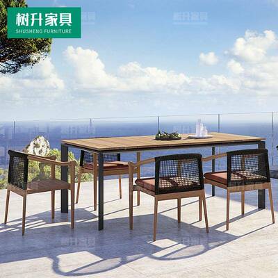 户外组柚木休桌椅庭1074院家具室外露闲台藤绳编椅别墅长餐桌圆桌