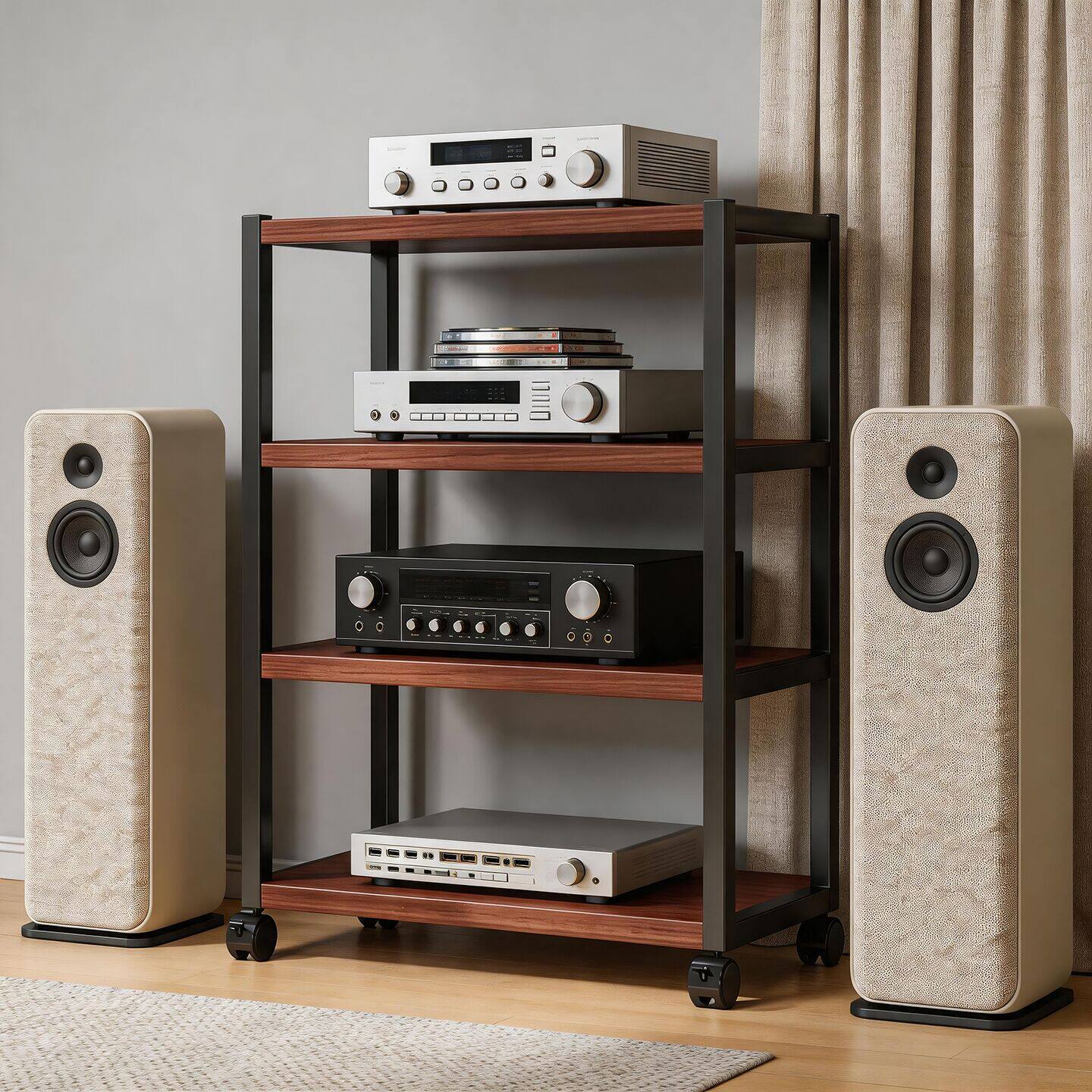 功放机架多层实木音响架带轮可移动HIFI收纳架客厅音箱置物架脚架