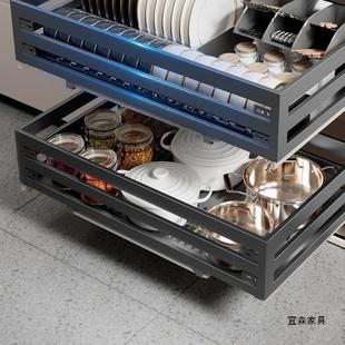 抽屉厨阻尼双层调味橱柜收纳沥水碗碟 家用04不料锈钢584房拉篮式