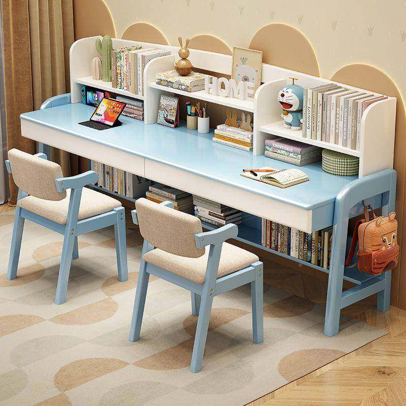 实木儿童书桌家用简约人学生学桌椅习合书架一体可升降组EMG双写