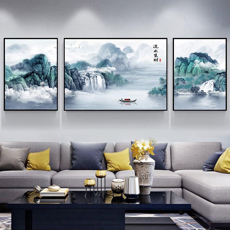 山水风己景三联十画2022新款字绣线绣客手工厅自刺IQJ绣书房流水