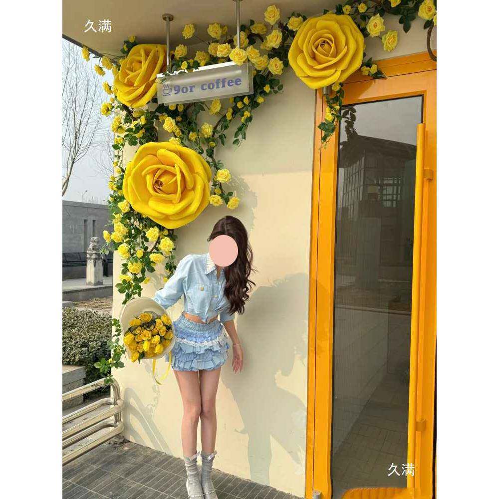 布春夏商美陈巨型黄玫瑰花装饰橱窗氛围装场网OBM红拍照道具饰活