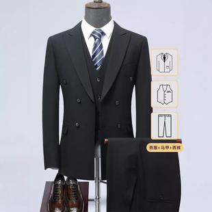 商务男士 马甲三件套装 春秋季 西装 双排扣条纹高级正装 礼仪西服男装