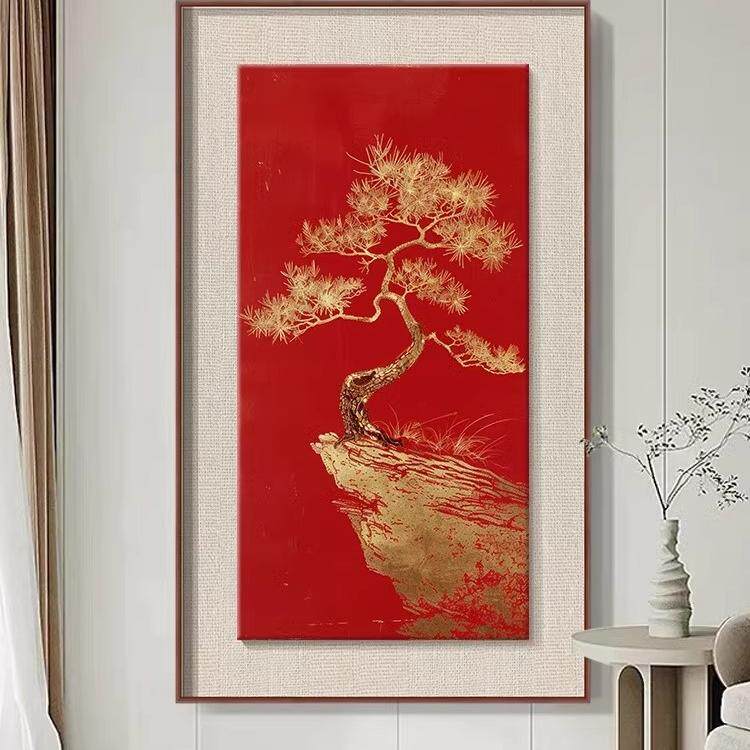 新中式迎客松客厅装饰画中国风红色松树寓意轻奢国画高档玄关挂画