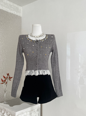 迟伞伞25/fw 落地星辰 手工细闪亮片花边灰色麻花针织衫收腰上衣