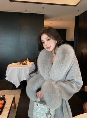 RCLIU月影恋人 2025新款灰色双面呢羊绒大衣女狐狸毛皮草毛呢外套