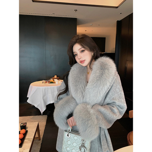 RCLIU月影恋人 2025新款灰色双面呢羊绒大衣女狐狸毛皮草毛呢外套