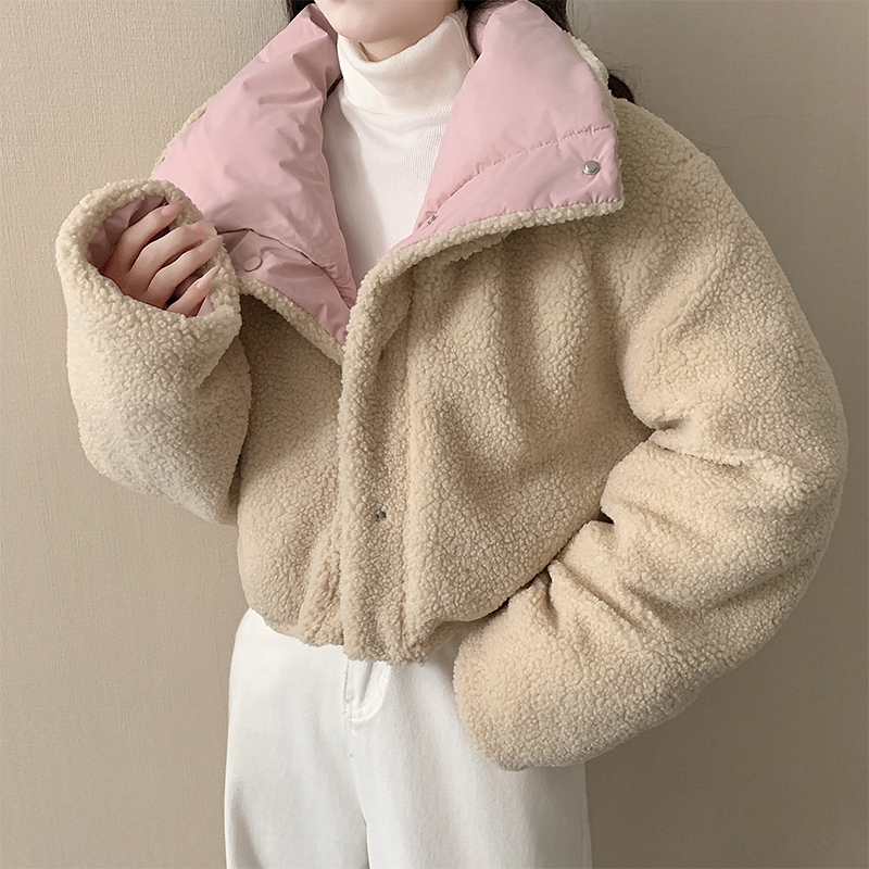 HYF双面穿网红短款棉衣女菱形格宽松保暖羽绒棉服韩版冬装外套