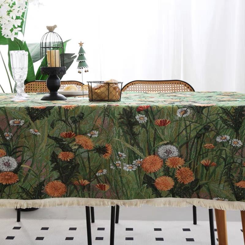 复古浪漫餐桌布艺茶几长方形提花桌布田园油画感绿色装饰盖布图片